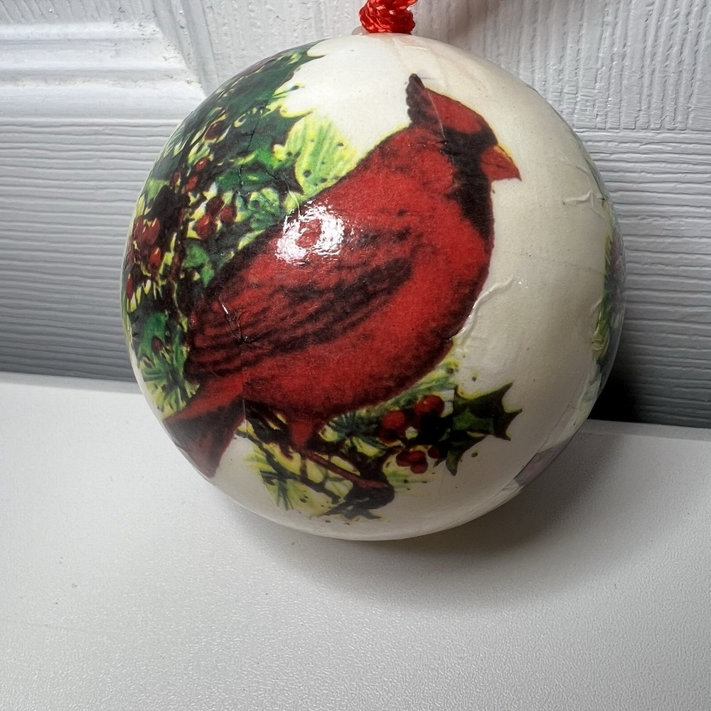 Vintage Decoupage Red Cardinal With Holly Ornament